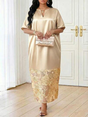 SHEIN Lady فستان طويل أنيق فضفاض بأكمام قصيرة وياقة على شكل حرف V للنساء