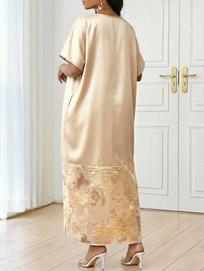 SHEIN Lady فستان طويل أنيق فضفاض بأكمام قصيرة وياقة على شكل حرف V للنساء