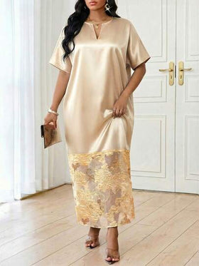 SHEIN Lady فستان طويل أنيق فضفاض بأكمام قصيرة وياقة على شكل حرف V للنساء