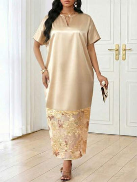 SHEIN Lady فستان طويل أنيق فضفاض بأكمام قصيرة وياقة على شكل حرف V للنساء