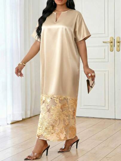 SHEIN Lady فستان طويل أنيق فضفاض بأكمام قصيرة وياقة على شكل حرف V للنساء