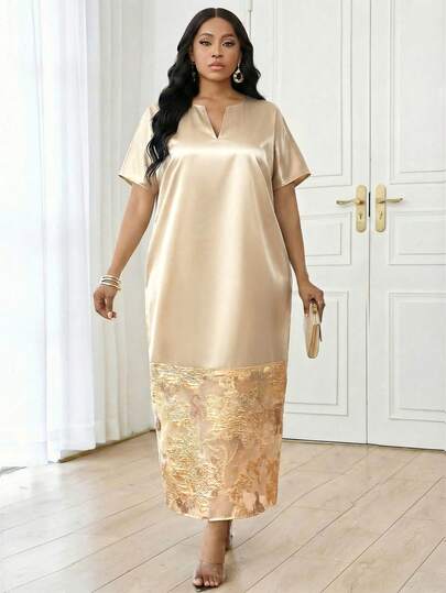 SHEIN Lady فستان طويل أنيق فضفاض بأكمام قصيرة وياقة على شكل حرف V للنساء