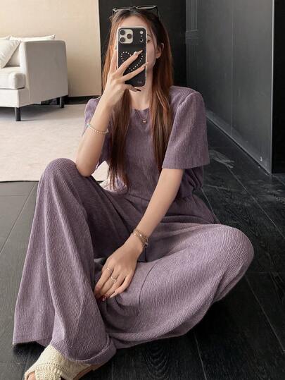 DAZY طقم ملابس علوية وبنطلون بلون أحادي بتصميم بسيط للارتداء اليومي، يتكون من ملابس علوية بياقة دائرية وأكمام قصيرة وبنطلون