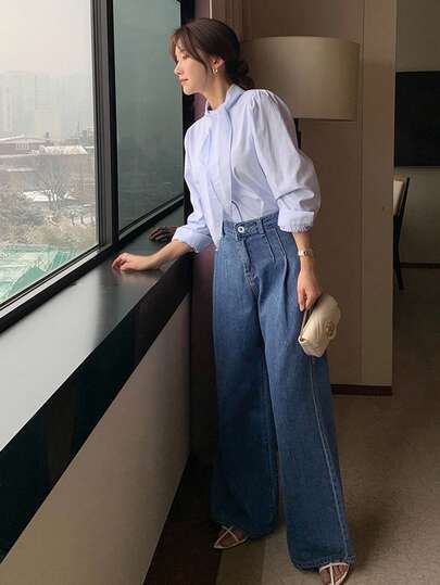 Dazy Tall سراويل جينز طويلة فضفاضة مستقيمة الساق للنساء الطويلات مع تفاصيل منسدلة