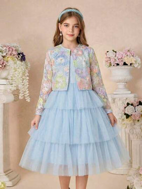 SHEIN فستان بدون أكمام مع كارديجان أنيق مجموعة من قطعتين، مزين بالزهور ثلاثية الأبعاد وشبكة للفتيات المراهقات