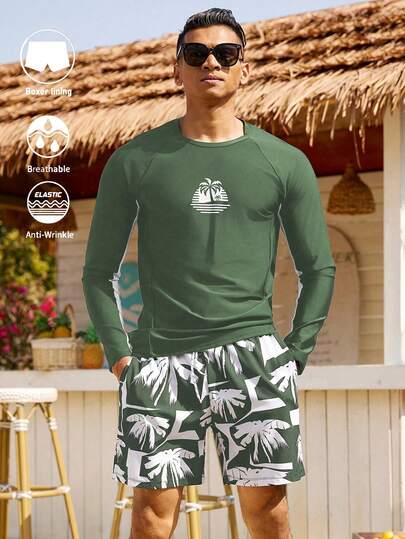 Manfinity Swimmode مجموعة ملابس علوية بأكمام طويلة وشورت بجيب مائل مطبوع بأشجار النخيل للرجال 2 قطعة