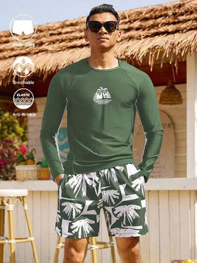 Manfinity Swimmode مجموعة ملابس علوية بأكمام طويلة وشورت بجيب مائل مطبوع بأشجار النخيل للرجال 2 قطعة
