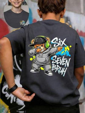 ملابس علوية تي شيرت بطبعة الدب التيدي "SIX SEVEN BRUH" الكرتونية لموضة الهيب هوب، مناسب للأولاد للشارع والكاجوال والمدرسة والمناسبات، قطعة صيفية