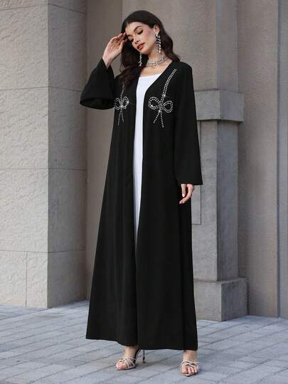 Yasmyna عباءة نسائية بأكمام طويلة مزينة بالراين، مناسبة للربيع والخريف