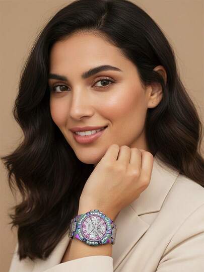 ساعة يد ستانلس ستيل ملونة عصرية من ماركة GUESS، مرصعة بالماس، ساعة كوارتز أنيقة، عقارب متعددة الوظائف، هدية مثالية للنساء. GW0044L1