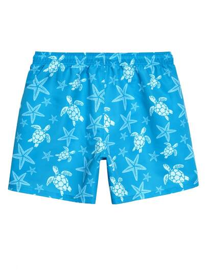 Manfinity Swimmode شورتات بحر للرجال بطبعات السلاحف والنجوم بلون أزرق فاتح مع بطانة مثلثة والجيوب، طراز هاواي
