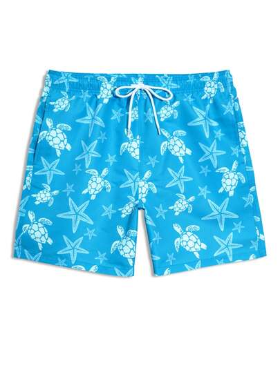 Manfinity Swimmode شورتات بحر للرجال بطبعات السلاحف والنجوم بلون أزرق فاتح مع بطانة مثلثة والجيوب، طراز هاواي