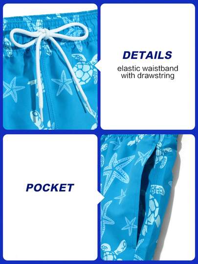 Manfinity Swimmode شورتات بحر للرجال بطبعات السلاحف والنجوم بلون أزرق فاتح مع بطانة مثلثة والجيوب، طراز هاواي