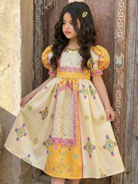 SHEIN رمضان فستان كاجوال بياقة مستديرة وأكمام منتفخة بطبعات زهور صغيرة للفتيات الصغيرات