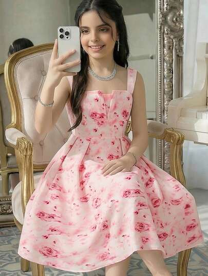 SHEIN رمضان فستان وردي مطبوع بالأزهار ذو خصر مناسب وتنورة متسعة، أنيق للفتيات المراهقات في العطلات الاعتيادية