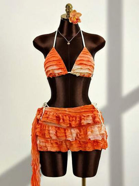 Swim Glamine بيكيني مكون من 3 قطع للنساء، قطعة علوية بطراز الربطة والكشكشة، قطعة سفلية بتصميم مثير ظهر عاري، مناسب للشاطئ والعطلات