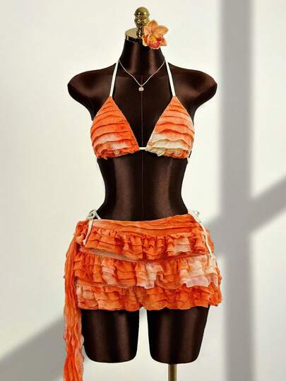Swim Glamine بيكيني مكون من 3 قطع للنساء، قطعة علوية بطراز الربطة والكشكشة، قطعة سفلية بتصميم مثير ظهر عاري، مناسب للشاطئ والعطلات