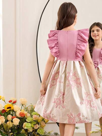 SHEIN فستان من قماش جاكارد ذو ياقة مربعة أنيقة وتريم كشكش للفتيات المراهقات بلون أحادي