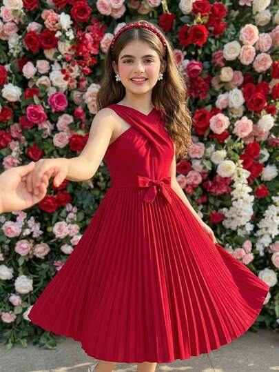 SHEIN رمضان فستان أنيق للبنات بتصميم مضفر على الرقبة وطيات على الذيل، مناسب للارتداء اليومي والحفلات والمناسبات الرسمية، باللون الأحمر