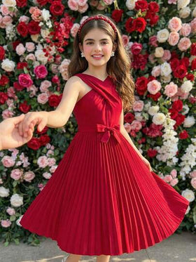 SHEIN رمضان فستان أنيق للبنات بتصميم مضفر على الرقبة وطيات على الذيل، مناسب للارتداء اليومي والحفلات والمناسبات الرسمية، باللون الأحمر