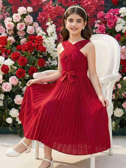 SHEIN رمضان فستان أنيق للبنات بتصميم مضفر على الرقبة وطيات على الذيل، مناسب للارتداء اليومي والحفلات والمناسبات الرسمية، باللون الأحمر