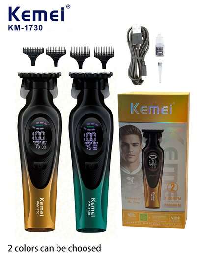 Kemei ماكينة حلاقة كهربائية جديدة للرجال بشفرة على شكل حرف T، ماكينة قص شعر احترافية للصالونات أو الحلاقين بشفرة سيراميك متحركة سوداء، قص شعر للرجال، هدية عيد ميلاد أو هدية رأس السنة الجديدة KM-1730 باللون الذهبي والأخضر