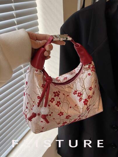 1pc Chinese Style Embroidered Nylon Dumpling Shaped Handbag, Suitable For Shopping, Dating, Women's Gift, Office Lady, Suitable For Office, College, Work, Commuting