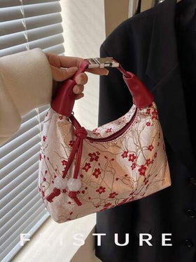 1pc Chinese Style Embroidered Nylon Dumpling Shaped Handbag, Suitable For Shopping, Dating, Women's Gift, Office Lady, Suitable For Office, College, Work, Commuting