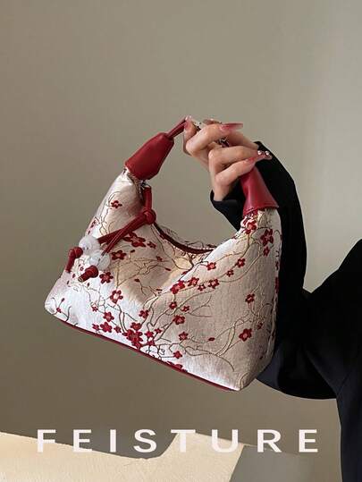 1pc Chinese Style Embroidered Nylon Dumpling Shaped Handbag, Suitable For Shopping, Dating, Women's Gift, Office Lady, Suitable For Office, College, Work, Commuting