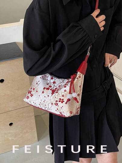 1pc Chinese Style Embroidered Nylon Dumpling Shaped Handbag, Suitable For Shopping, Dating, Women's Gift, Office Lady, Suitable For Office, College, Work, Commuting