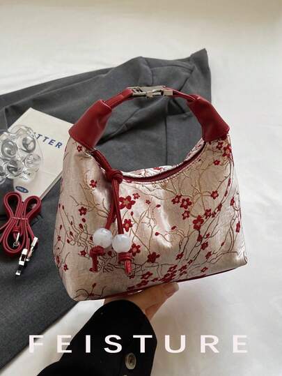 1pc Chinese Style Embroidered Nylon Dumpling Shaped Handbag, Suitable For Shopping, Dating, Women's Gift, Office Lady, Suitable For Office, College, Work, Commuting