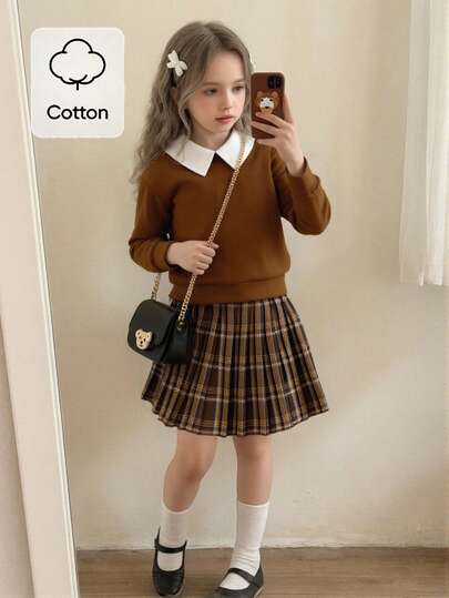 SHEIN Elladie kids بنت طفل ياقة متباينة قميص ثقيل & مربعات ملونة تنورة ذو تجاعيد