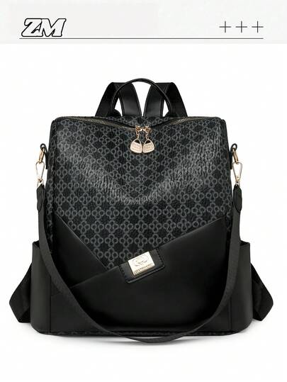 Women's Rhombus Pattern Large Capacity Backpack, Patchwork Commuter Bag, Student Backpack, Mommy Bag