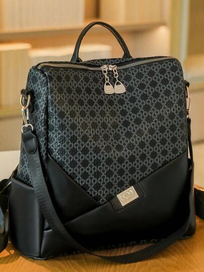 Women's Rhombus Pattern Large Capacity Backpack, Patchwork Commuter Bag, Student Backpack, Mommy Bag