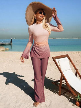 Swim Shayni مجموعة بوركيني بأكمام طويلة وبنطال واسع بتدرج لون البنفسجي للنساء، لموسم الصيف 2022