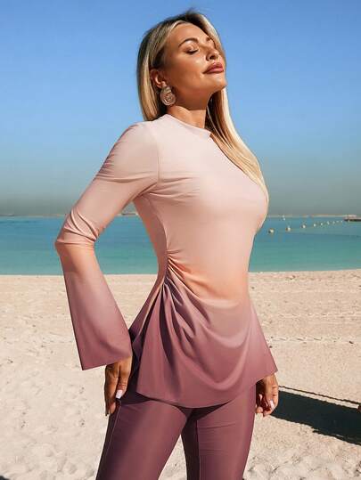 Swim Shayni مجموعة بوركيني بأكمام طويلة وبنطال واسع بتدرج لون البنفسجي للنساء، لموسم الصيف 2022