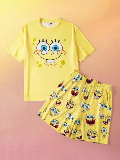 SpongeBob SquarePants | SHEIN طقم ملابس صيفي مكون من ملابس علوية كاريكاتيرية مضحكة بأكمام قصيرة وشورت للرجال