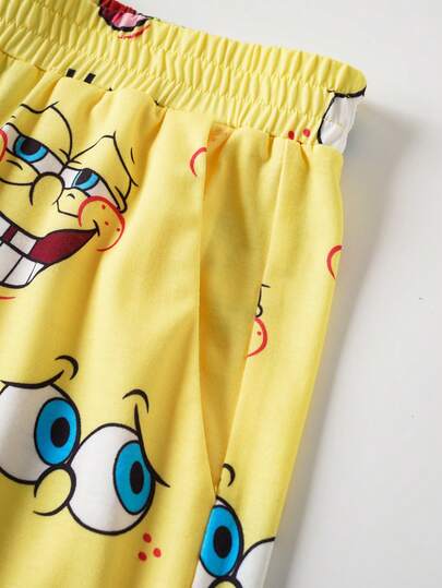SpongeBob SquarePants | SHEIN طقم ملابس صيفي مكون من ملابس علوية كاريكاتيرية مضحكة بأكمام قصيرة وشورت للرجال