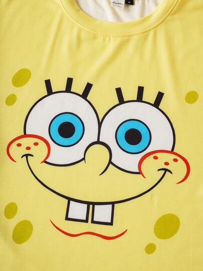 SpongeBob SquarePants | SHEIN طقم ملابس صيفي مكون من ملابس علوية كاريكاتيرية مضحكة بأكمام قصيرة وشورت للرجال
