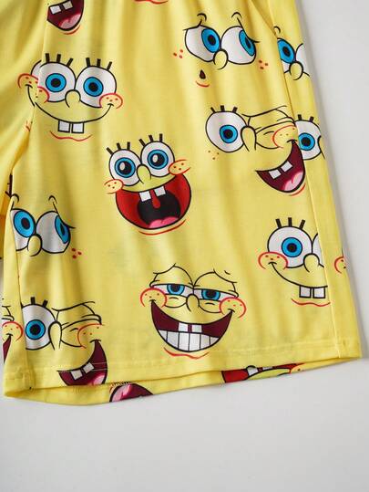 SpongeBob SquarePants | SHEIN طقم ملابس صيفي مكون من ملابس علوية كاريكاتيرية مضحكة بأكمام قصيرة وشورت للرجال