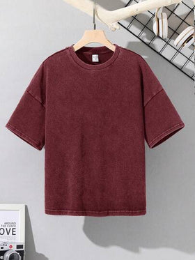 SHEIN قميص تريكو بياقة طاقم وأكمام قصيرة مناسب للأولاد المراهقين، بتصميم فضفاض وألوان مغسولة، مناسب للمدرسة والحديقة والشاطئ وأعياد الميلاد في الربيع والصيف والخريف والشتاء