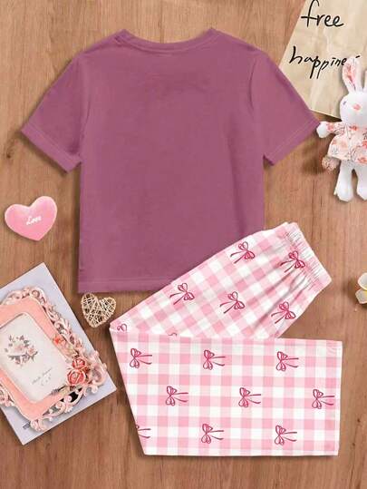 SHEIN بناطيل منزلية ذات تصميم ضيق وكم قصير بياقة طاقم ، مناسبة للفتيات الصغيرات في الصيف