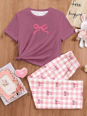 SHEIN بناطيل منزلية ذات تصميم ضيق وكم قصير بياقة طاقم ، مناسبة للفتيات الصغيرات في الصيف