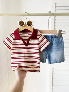 SHEIN Playful Pals طقم للأطفال الصبيان للصيف، ملابس علوية كاجوال بأكمام قصيرة وياقة مبسطة مع شورت جينز مغسول عصري، مناسب للارتداء اليومي، التخييم العائلي، الطعام أو التسوق
