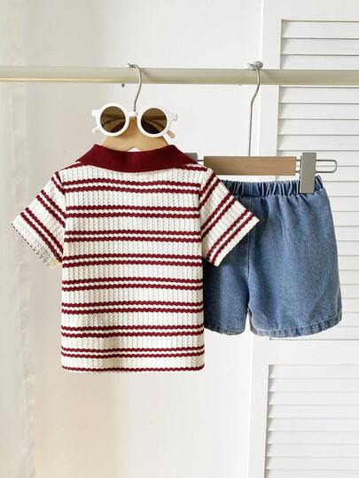 SHEIN Playful Pals طقم للأطفال الصبيان للصيف، ملابس علوية كاجوال بأكمام قصيرة وياقة مبسطة مع شورت جينز مغسول عصري، مناسب للارتداء اليومي، التخييم العائلي، الطعام أو التسوق