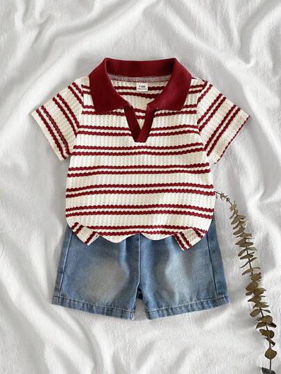 SHEIN Playful Pals طقم للأطفال الصبيان للصيف، ملابس علوية كاجوال بأكمام قصيرة وياقة مبسطة مع شورت جينز مغسول عصري، مناسب للارتداء اليومي، التخييم العائلي، الطعام أو التسوق