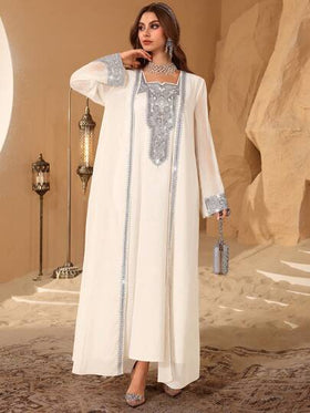 Al Najma رمضان عبايات فستان أنيق مطبوع بالزهور مع رداء كم طويل، ربيع/صيف