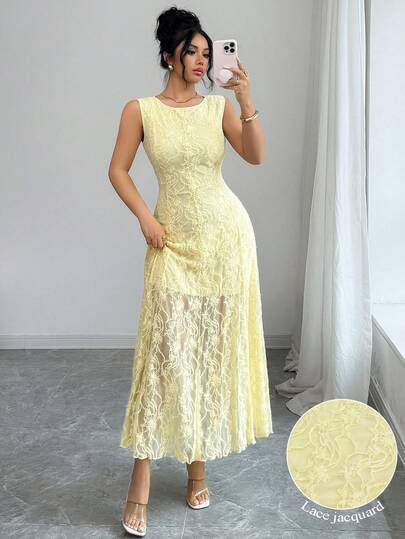 Modelyn فستان صيفي أنيق بدون أكمام مزخرف بالزهور والدانتيل الفرنسي للنساء