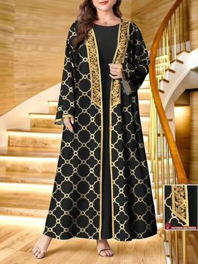 SHEIN Najma رمضان عباءة كاردجان طويلة كاجوال للنساء ذوات الأحجام الكبيرة مطبوعة بطبعة رجعية من أوراق البرسيم والزهور، أكمام طويلة، مناسبة للربيع والخريف