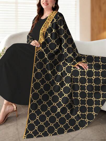 SHEIN Najma رمضان عباءة كاردجان طويلة كاجوال للنساء ذوات الأحجام الكبيرة مطبوعة بطبعة رجعية من أوراق البرسيم والزهور، أكمام طويلة، مناسبة للربيع والخريف